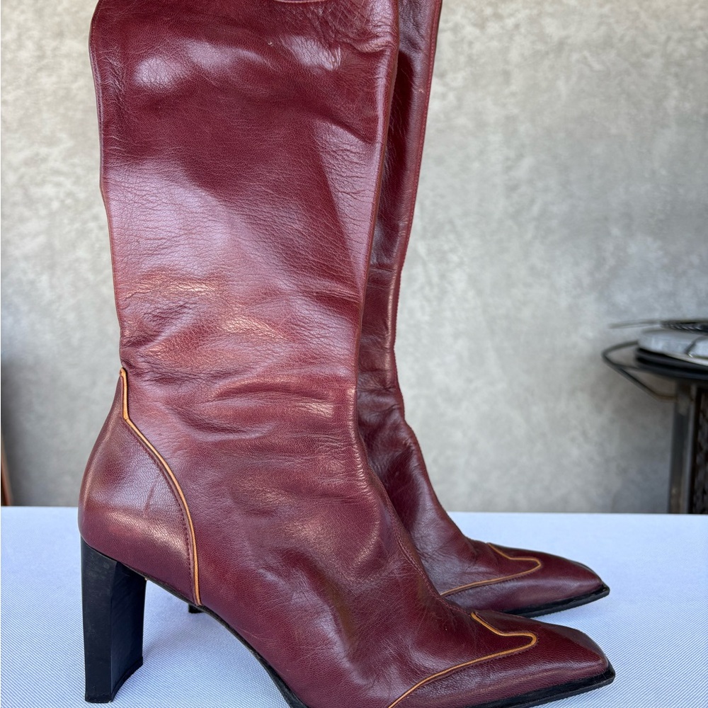 Chic Burgundy Leather Heeled Boots